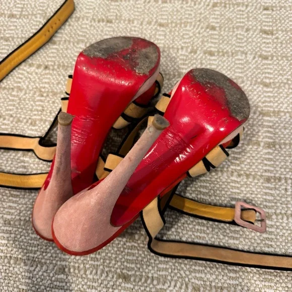 Rare Vintage Christian Louboutin Tan & Red Suede Strappy Heels | Size 8 - Picture 5 of 6